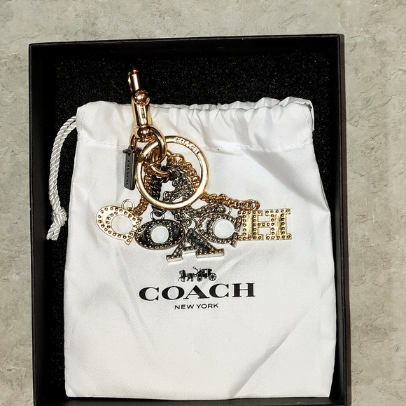 NWOT Coach Perforated Sparkle "COACH" Letters Gun Metal Bag Charm Keychain - Picture 5 of 7